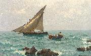 Julius Ludwig Friedrich Runge Morgenstimmung an der Adria mit Fischerbooten und Langustenfischern. Im Vordergrund felsige Kuste. France oil painting artist